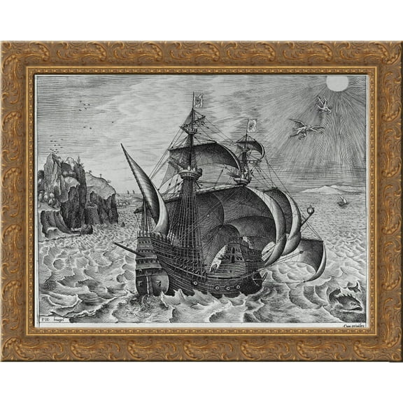 Armed Three Master with Daedalus and Icarus in the Sky 24x20 Gold Ornate Wood Framed Canvas Art by Pieter Bruegel the Elder