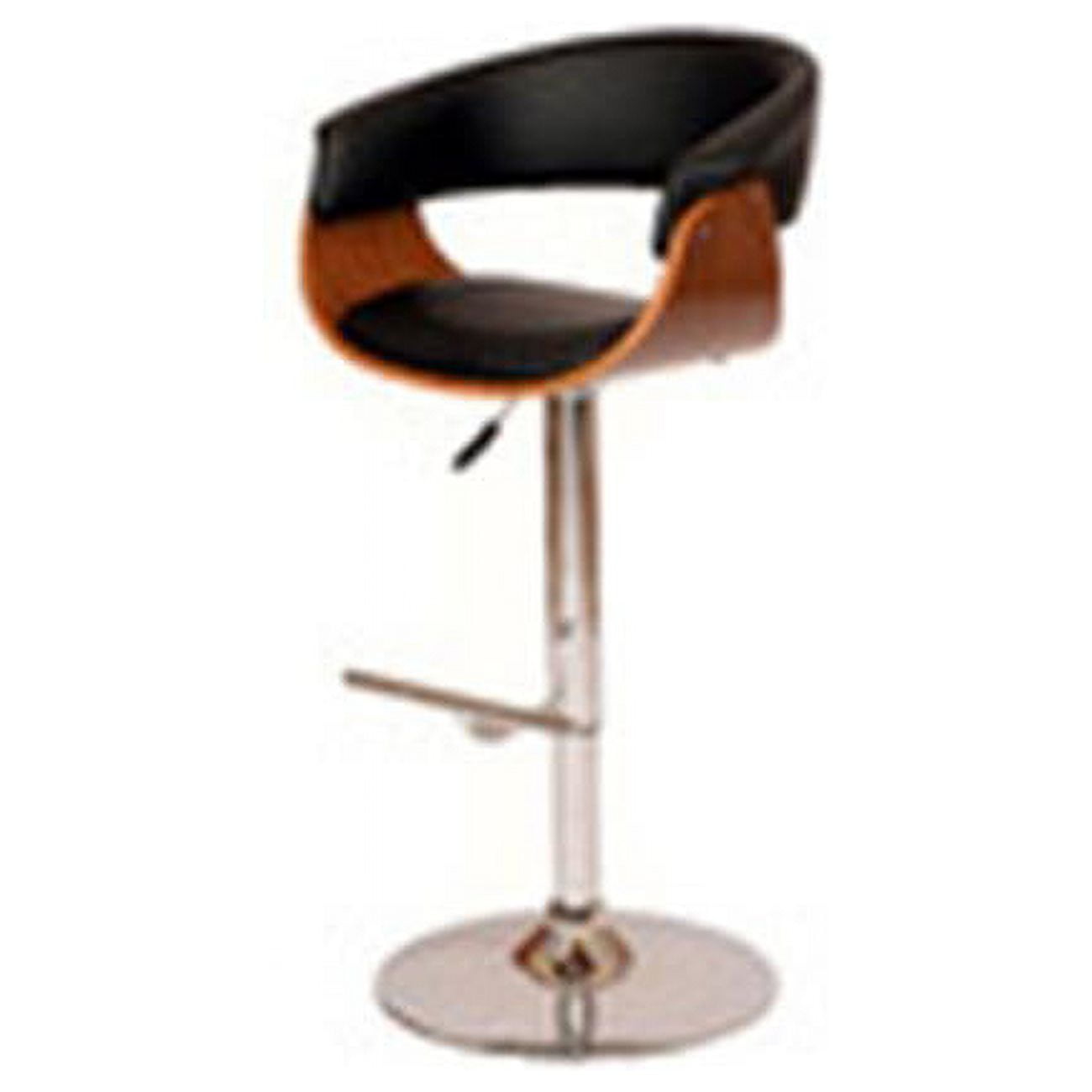 Contemporary Black Leather Adjustable Swivel Barstool with Walnut Accents