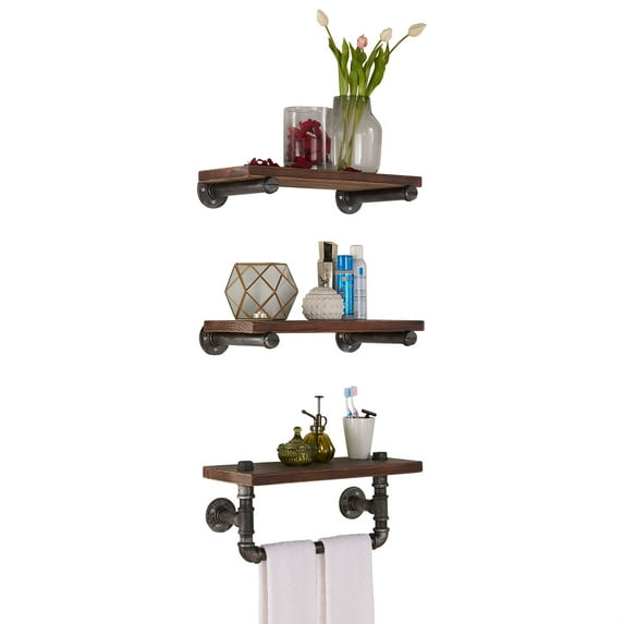 Armen Living 20" Conrad Industrial Pine Wood Floating Wall Shelf in Gray and Walnut Finish