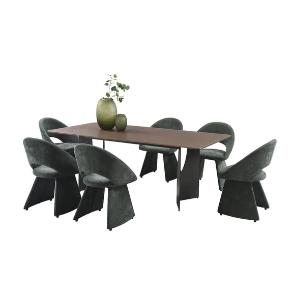 Armen Living 7-Piece Dining Set with Maroon Tempered Glass Tabletop, Forest Green Upholstery