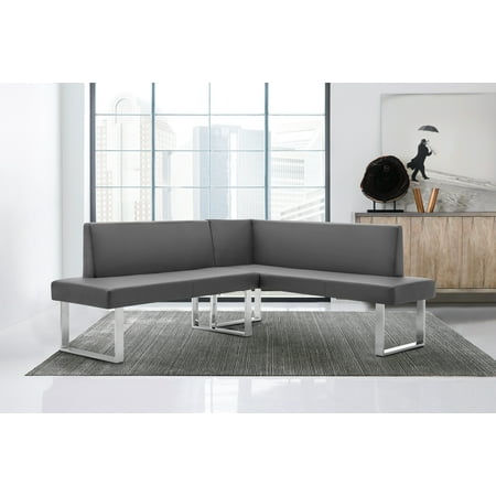 Armen Living Amanda Contemporary Nook Corner Dining Bench in Gray Faux Leather and Chrome Finish
