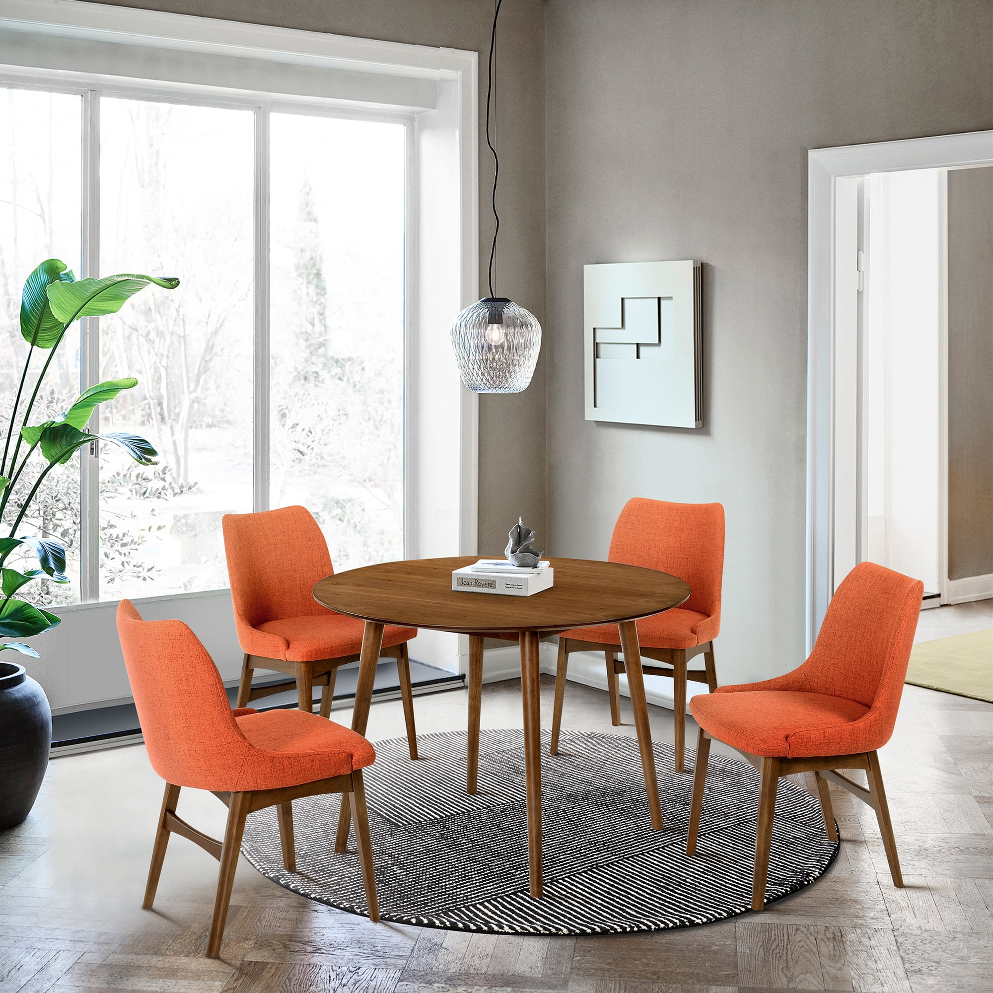Arcadia and Azalea 42" Round Walnut Dining Set with Orange Upholstered Chairs