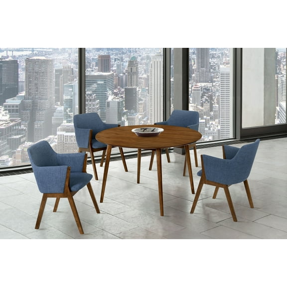 Arcadia and Renzo 48" Round Blue and Walnut Wood 5 Piece Dining Set