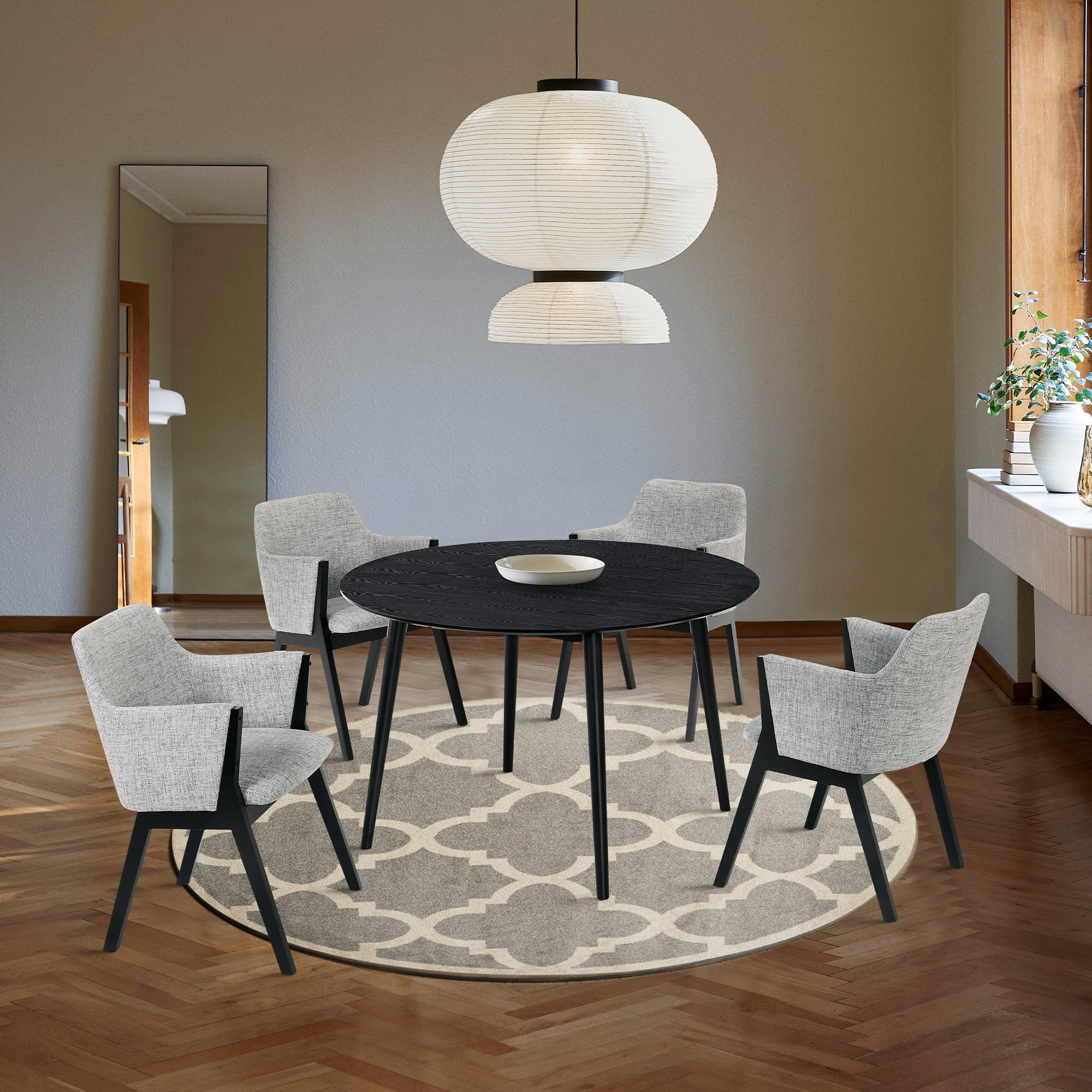 Arcadia 48" Round Black Wood Dining Set with Gray Fabric Chairs