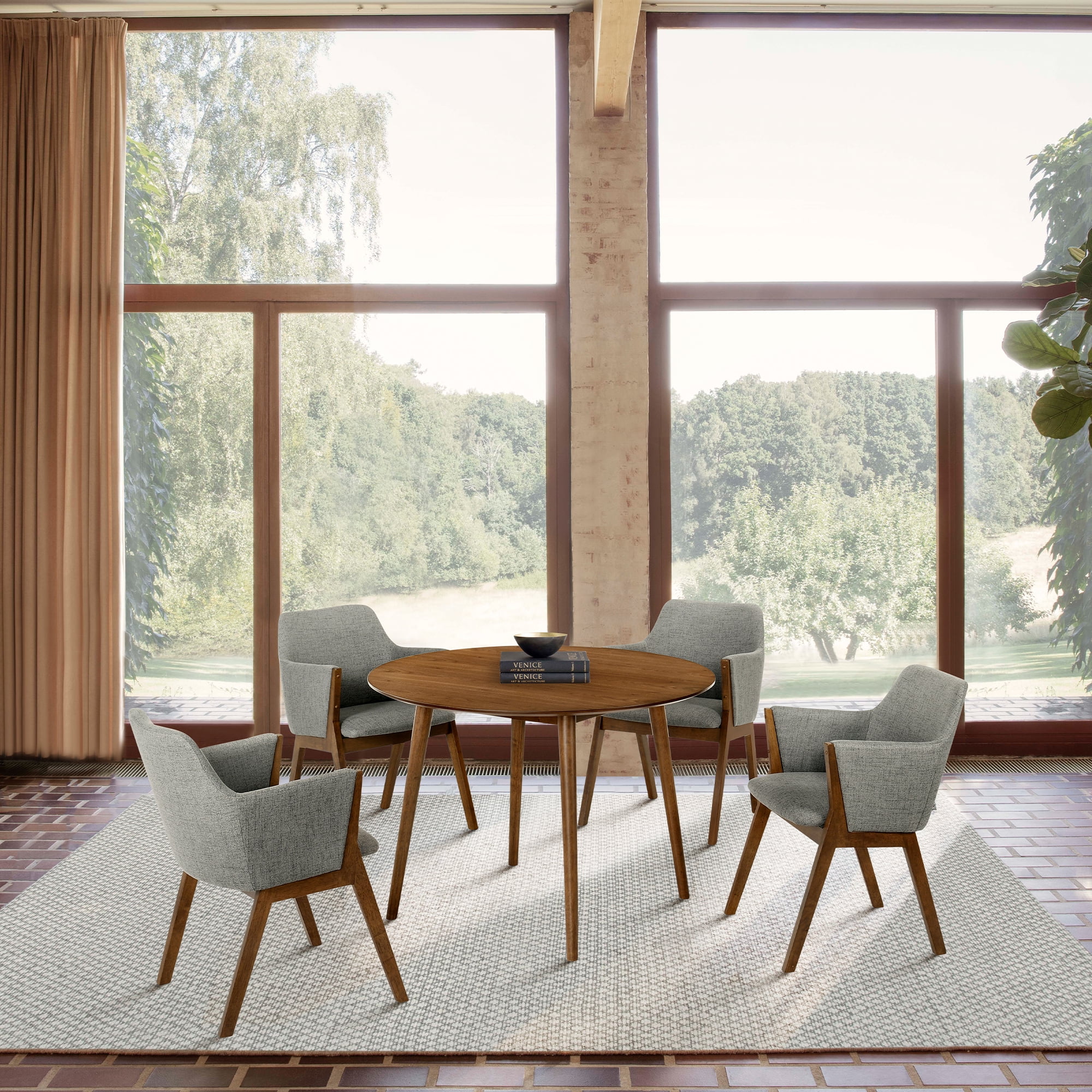 Armen Living Arcadia and Renzo Round 5-Piece Wood Dining Set in Charcoal/Brown