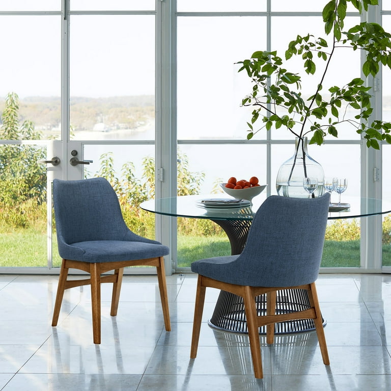 Azalea Blue Fabric and Walnut Wood Dining Side Chairs Set of