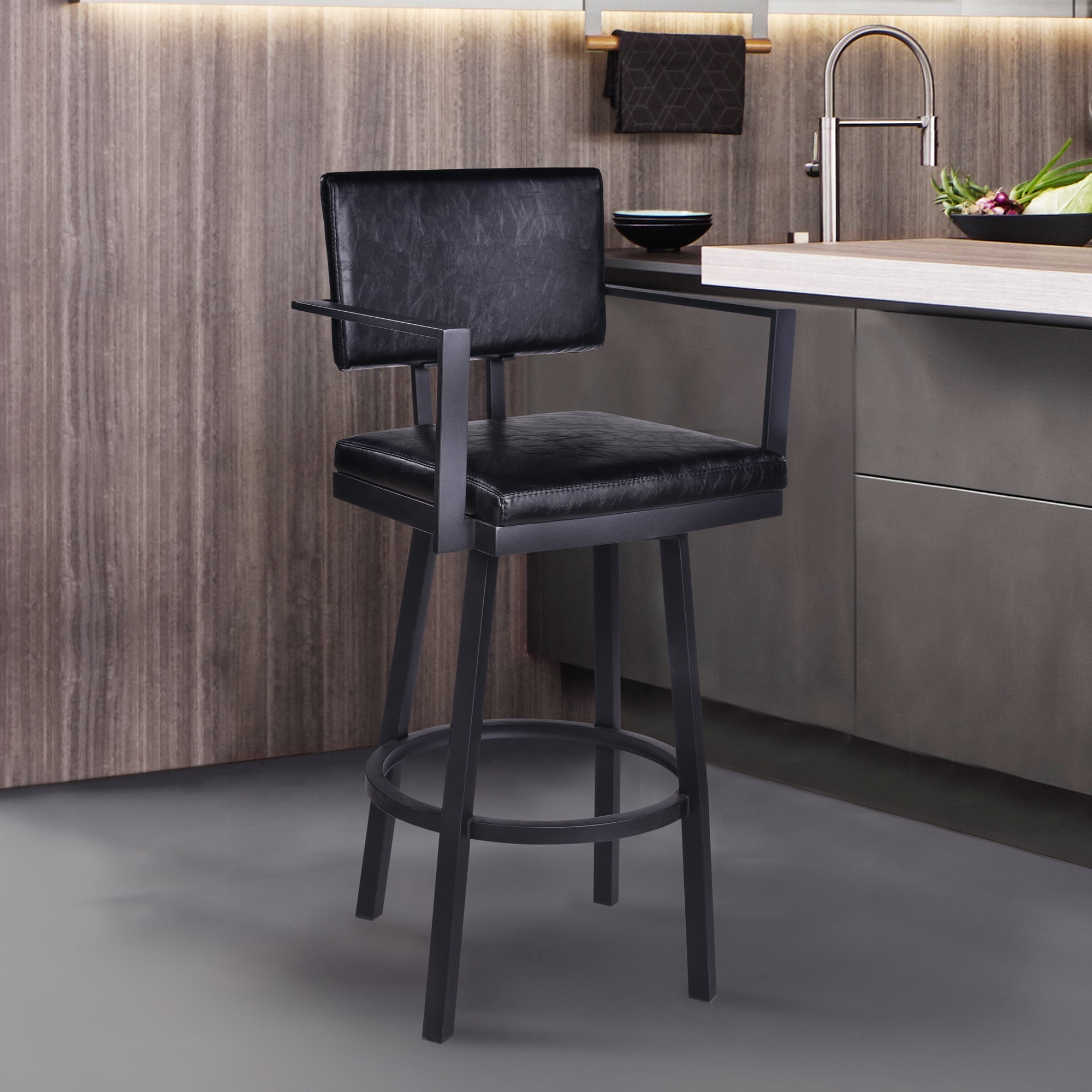 Armen Living Balboa 26” Counter Barstool with Arms-Black Coated Finish/Vintage Black Faux Leather
