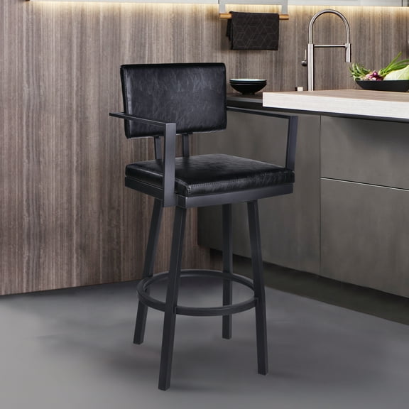 Armen Living Balboa 26 Counter Barstool with Arms-Black Coated Finish/Vintage Black Faux Leather