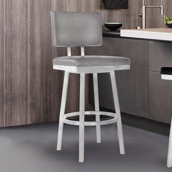 Armen Living Balboa 26” Counter Height Barstool in Brushed Stainless Steel/Vintage Grey Faux Leather