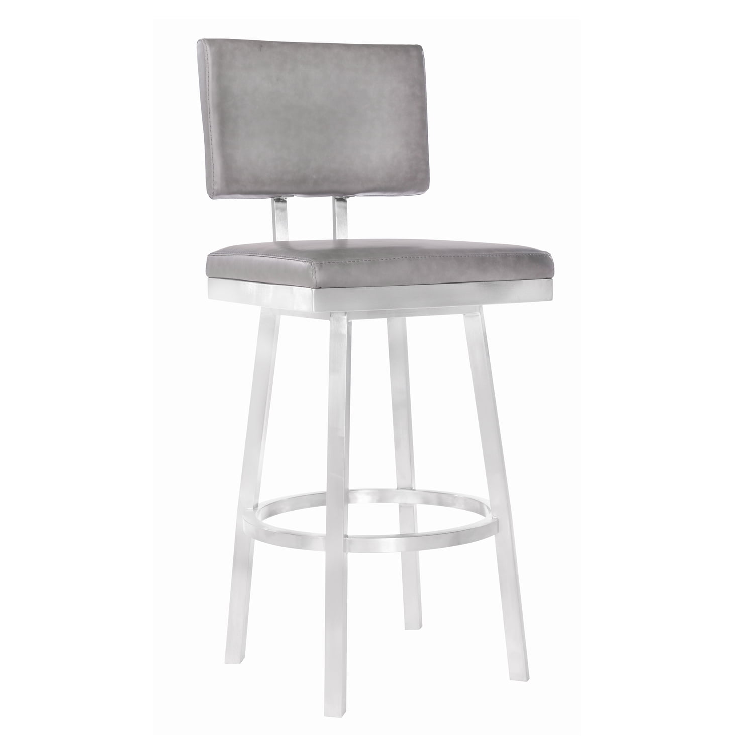 Transitional Gray Leather Swivel Barstool with Metal Base, 39.5"