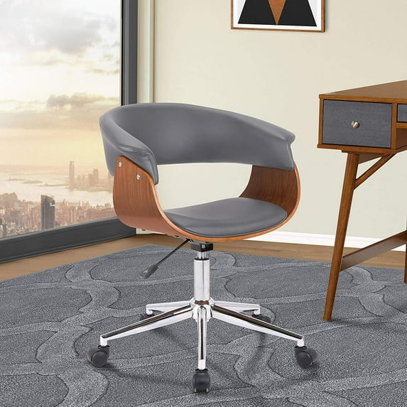 Armen Living Bellevue Mid-Century Office Chair in Chrome Finish with Grey Faux Leather and Walnut Veneer