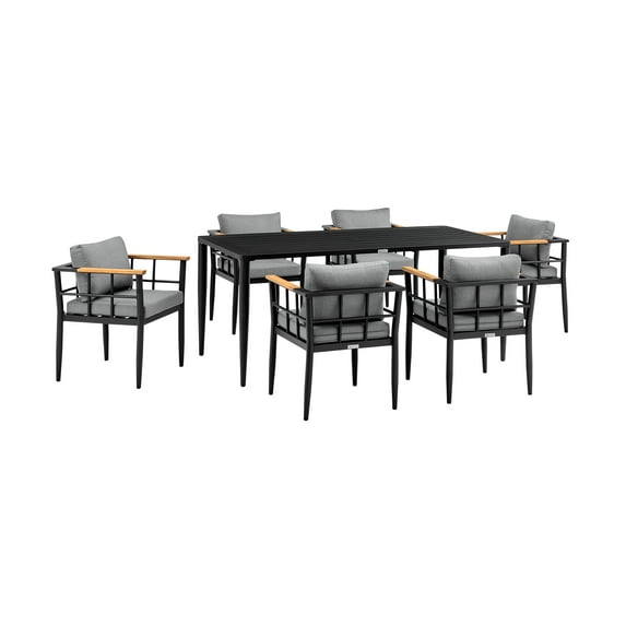 Beowulf Outdoor Patio 7-Piece Dining Table Set in Aluminum and Teak with Grey Cushions