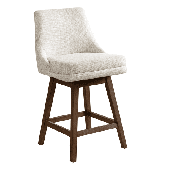 Armen Living Branson Brown Solid Wood Upholstered 26" Counter Height Swivel Barstool with Beige Fabric Seat