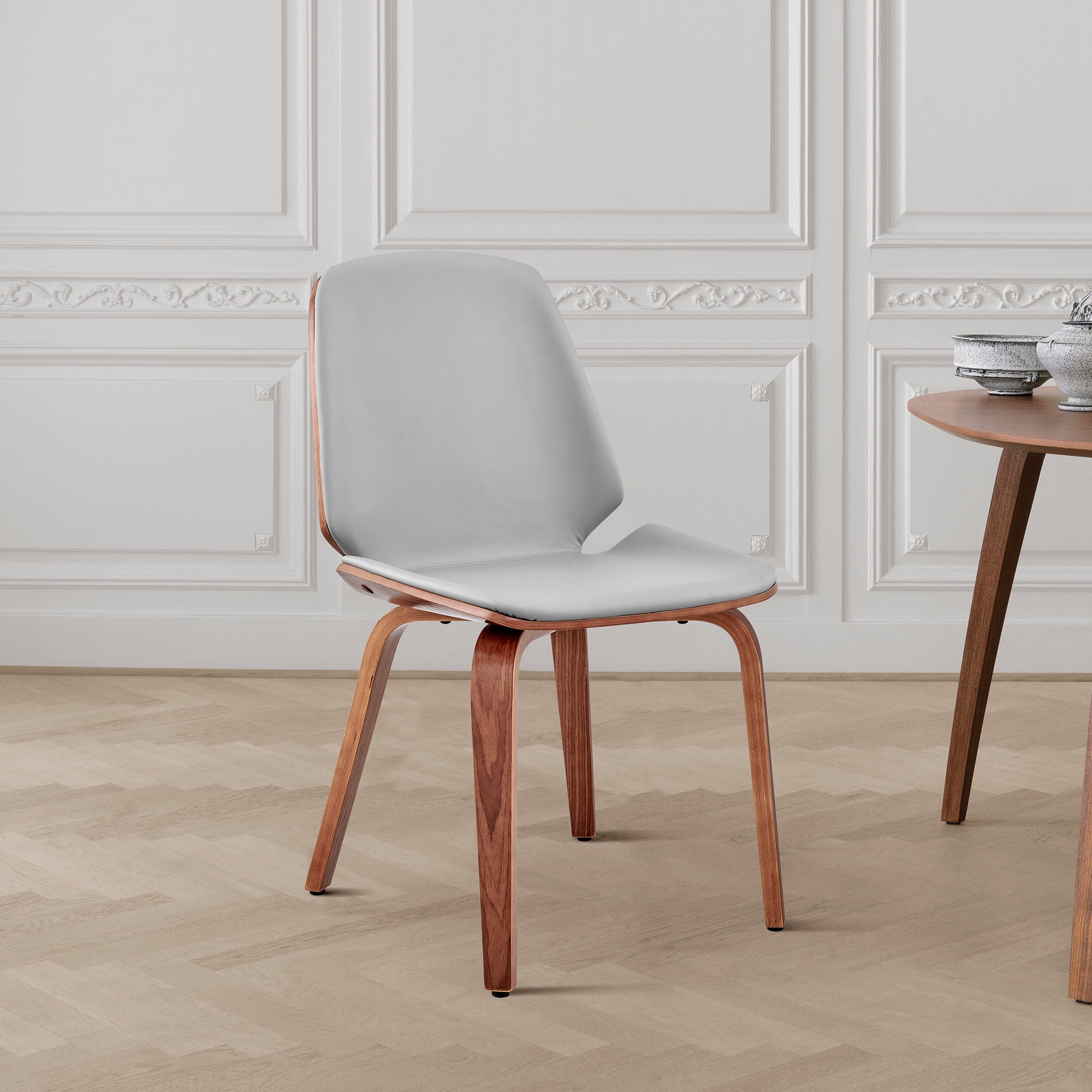 Gray Faux Leather & Walnut Wood Upholstered Side Chair