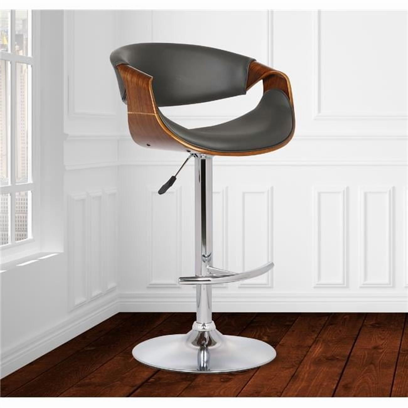 Armen Living Butterfly Adjustable Swivel Barstool in Gray Faux Leather with Chrome Walnut Wood