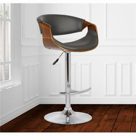 Armen Living Butterfly Adjustable Swivel Barstool in Gray Faux Leather with Chrome Walnut Wood