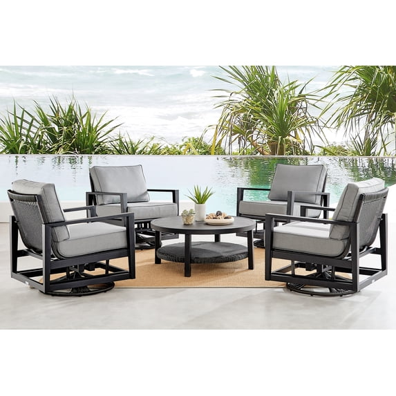 Caymen 5 Piece Black Aluminum Outdoor Seating Set with Dark Gray Cushions