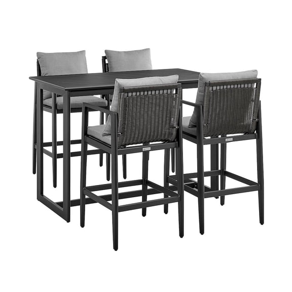 Armen Living Cayman Outdoor Patio 5-Piece Bar Table Set in Aluminum with Gray Cushions