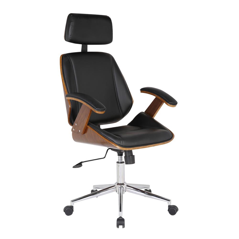 High Back Black Faux Leather Swivel Office Chair with Chrome and Wood