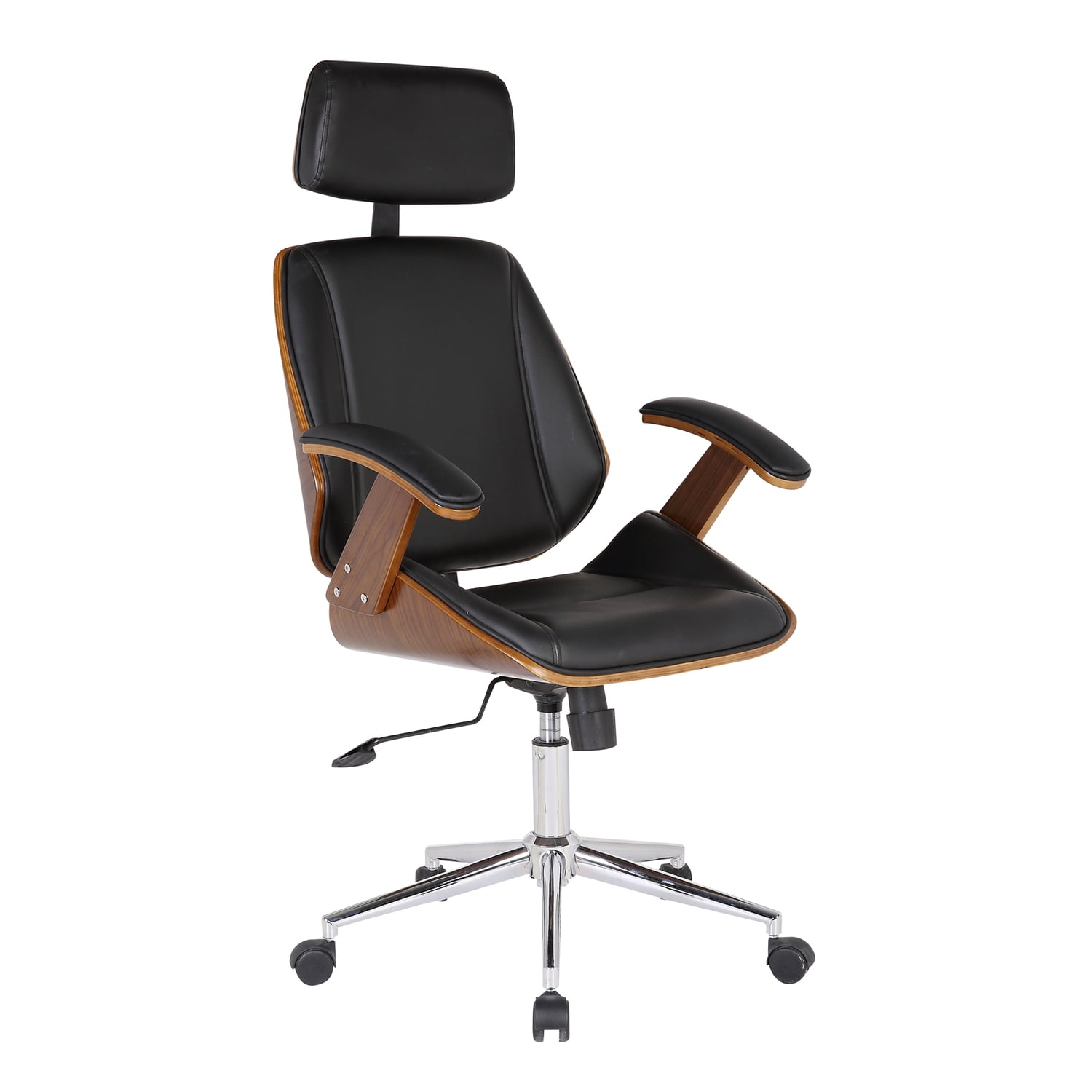 High Back Black Faux Leather Swivel Office Chair with Chrome and Wood