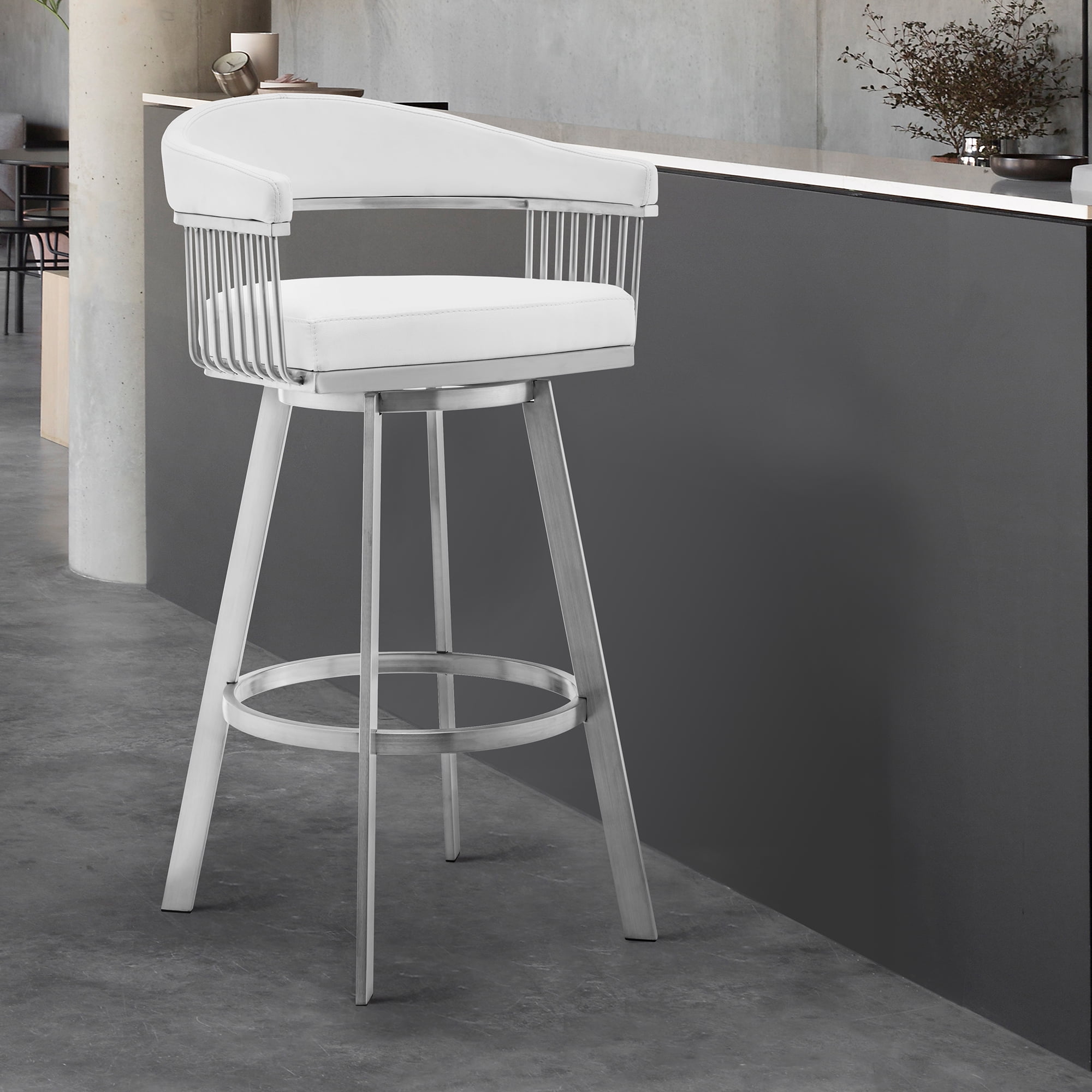 Chelsea 29" Swivel Bar Stool with Brushed Stainless Steel and White Faux Leather