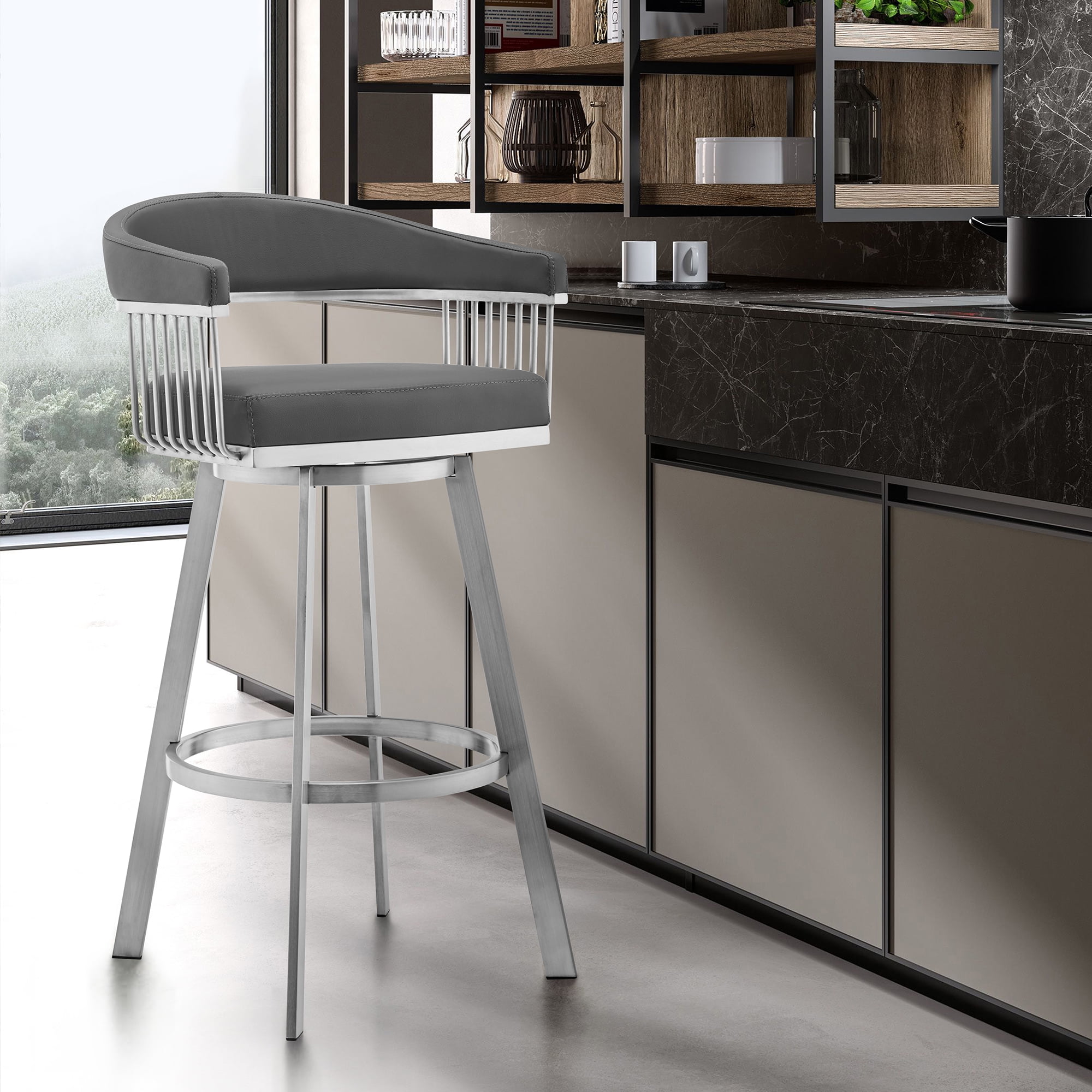 Chelsea 29" Gray Faux Leather and Brushed Stainless Steel Swivel Bar Stool