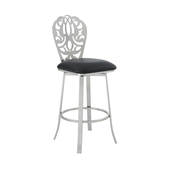 Armen Living Cherie Contemporary 30" Bar Height Barstool in Brushed Stainless Steel Finish and Black Faux Leather