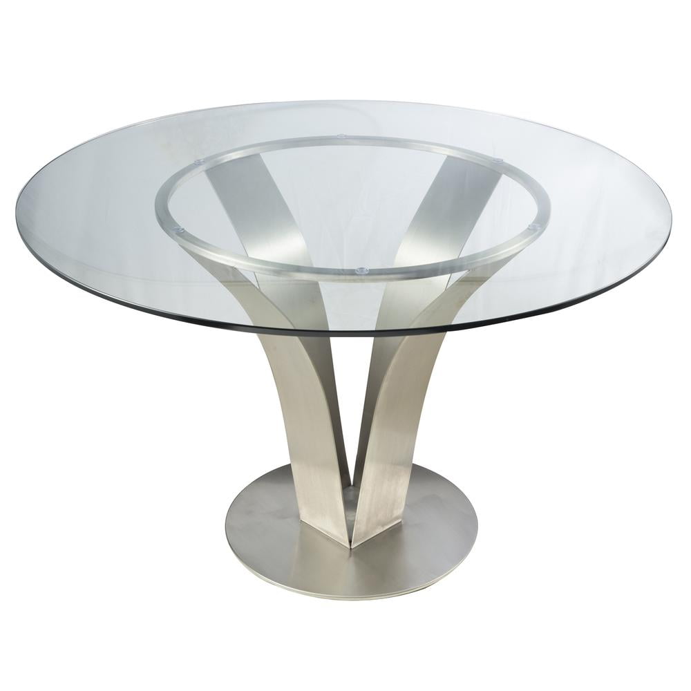 Contemporary 48" Round Glass & Silver Wood Dining Table