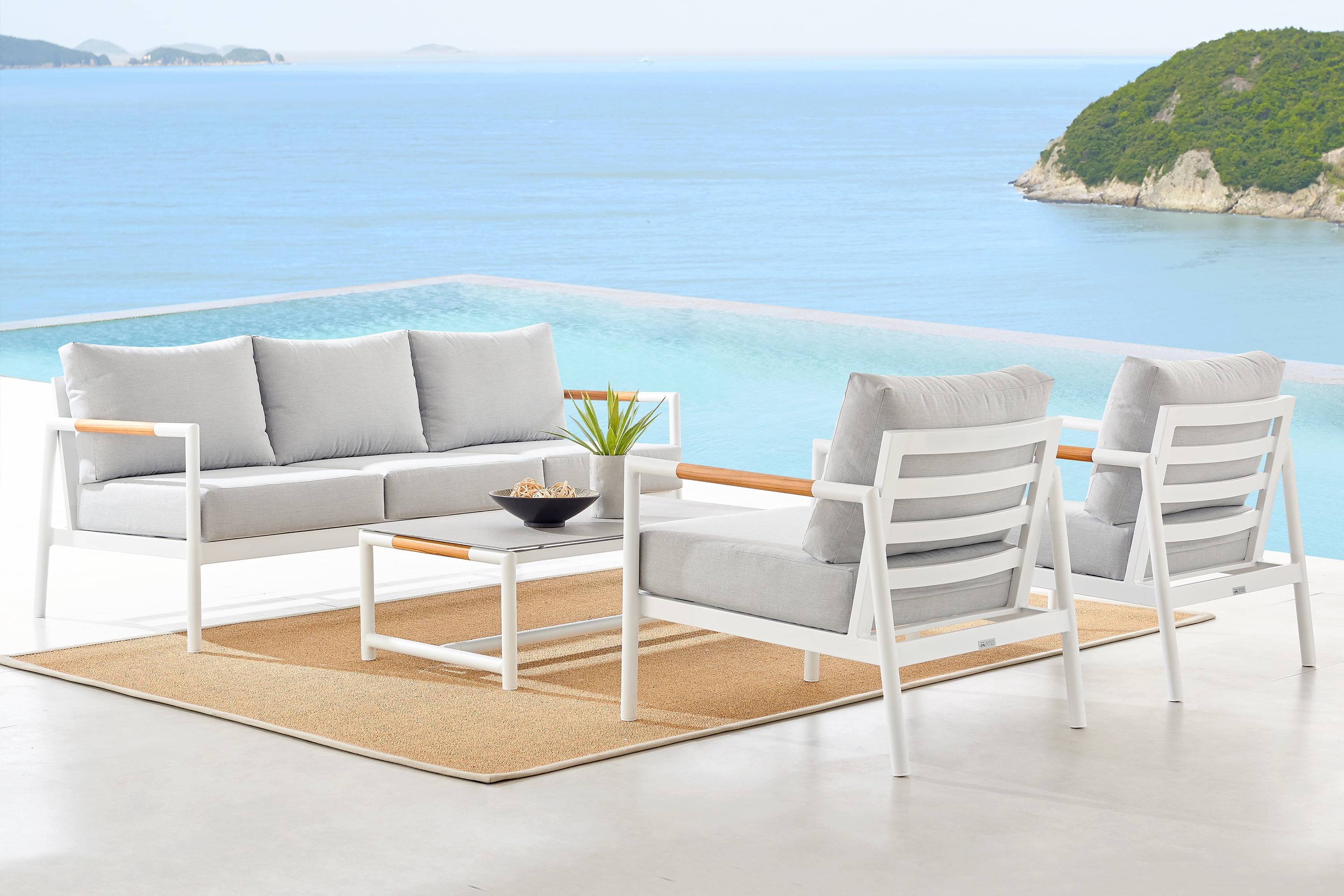5 Person White Aluminum and Teak Outdoor Seating Set with Gray Cushions