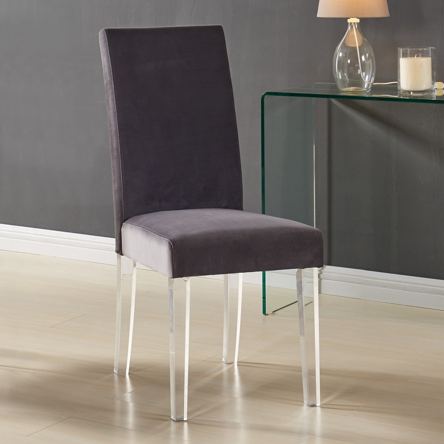 Gray Velvet Upholstered Parsons Side Chair with Acrylic Legs