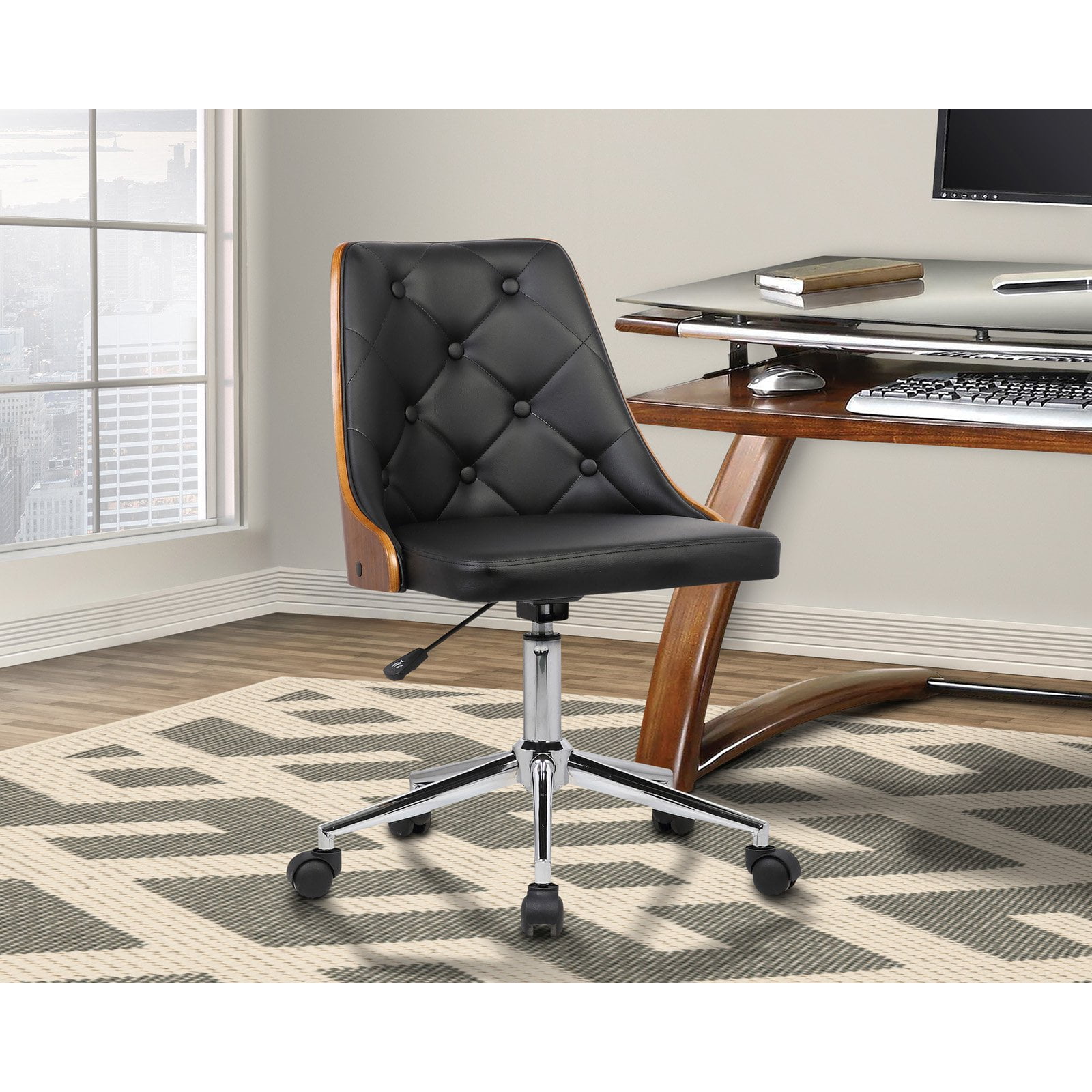 Black Faux Leather and Walnut Mid-Century Modern Desk Chair