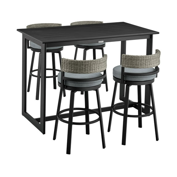 Armen Living Encinitas Outdoor Patio 5-Piece Bar Table Set in Aluminum with Grey Cushions