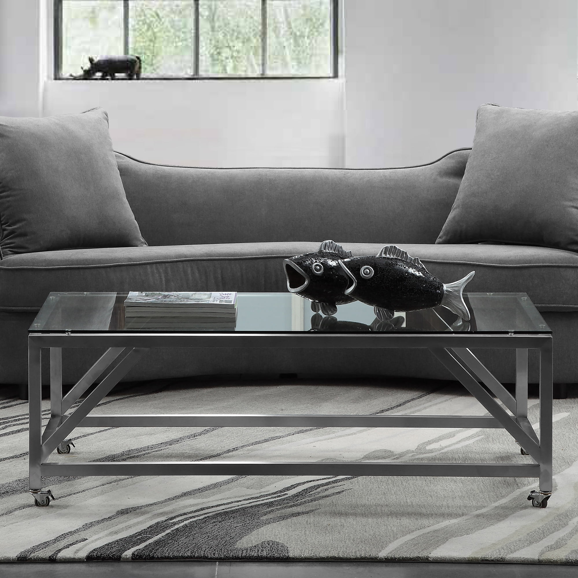 Armen Living Enessa Contemporary Rectangular Coffee Table with Wheels ...