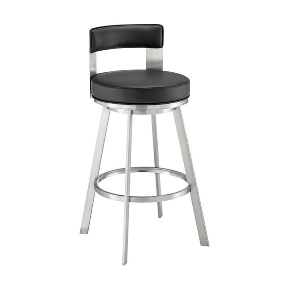 Armen Living Flynn26" Swivel Counter Stool in Brushed Stainless Steel with Black Faux Leather