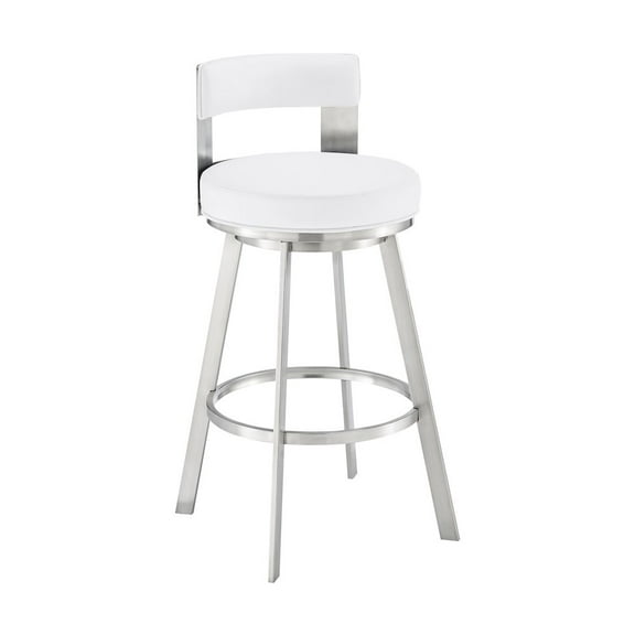 Armen Living Flynn26" Swivel Counter Stool in Brushed Stainless Steel with White Faux Leather