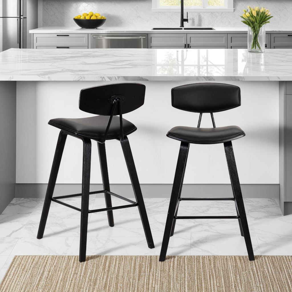 Fox 25.5" Counter Height Black Faux Leather and Black Wood Mid-Century Modern Bar Stool - Set of 2