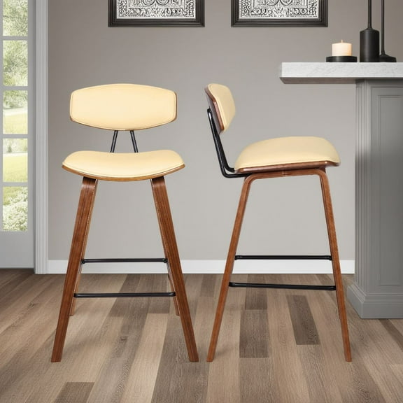 Fox 28.5" Bar Height Cream Faux Leather and Walnut Wood Mid-Century Modern Bar Stool - Set of 2