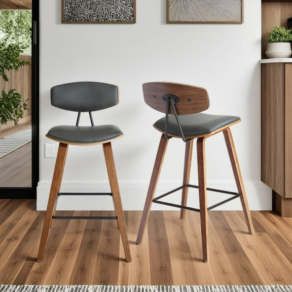 Fox 28.5" Bar Height Gray Faux Leather and Walnut Wood Mid-Century Modern Bar Stool - Set of 2