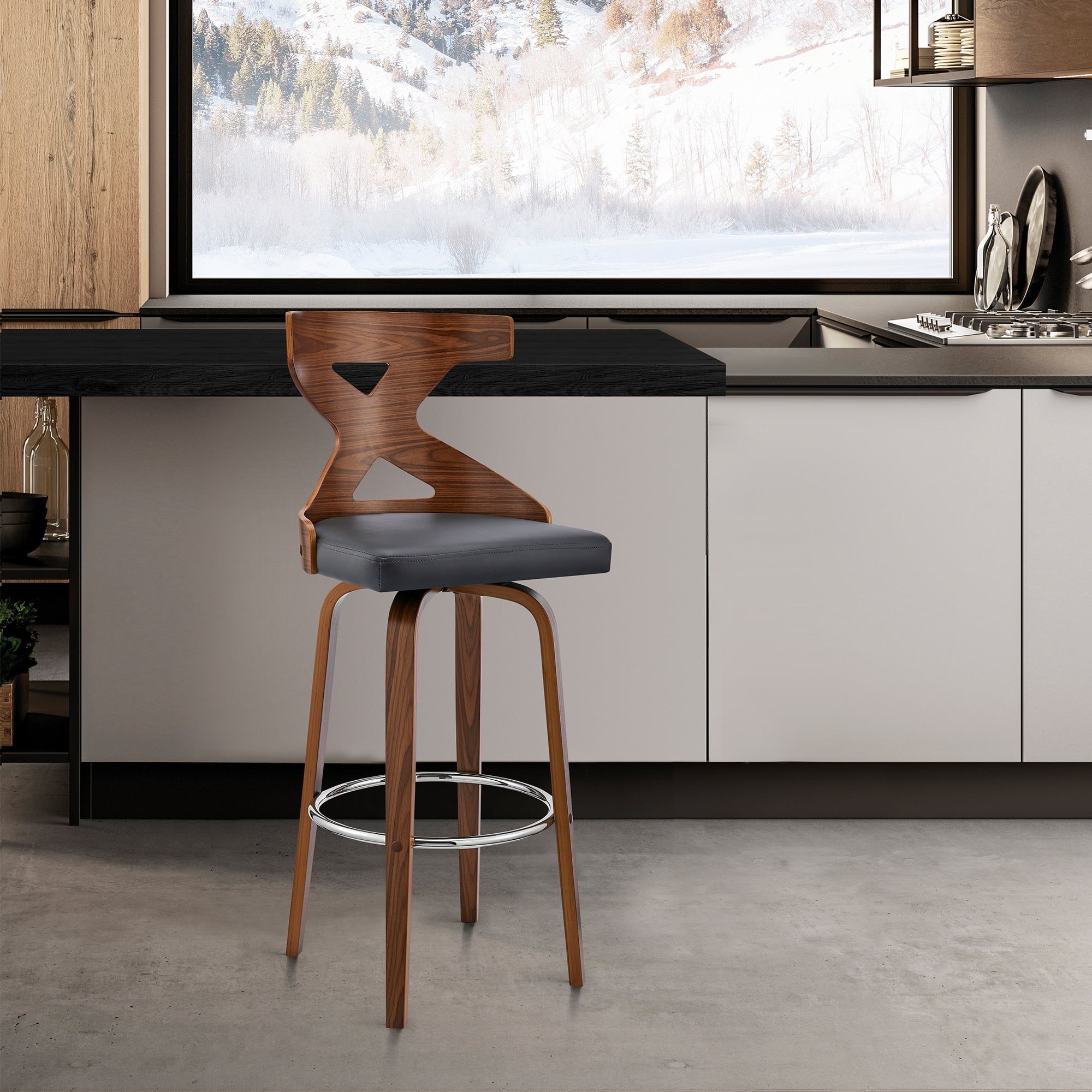 Walnut Wood Swivel Bar Stool with Gray Faux Leather Cushion