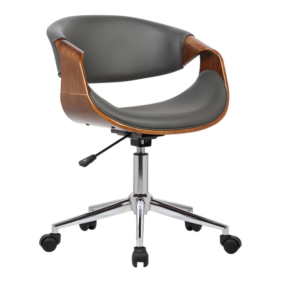 Armen Living Geneva Mid-Century Office Chair in Chrome finish with Gray Faux Leather and Walnut Veneer Arms