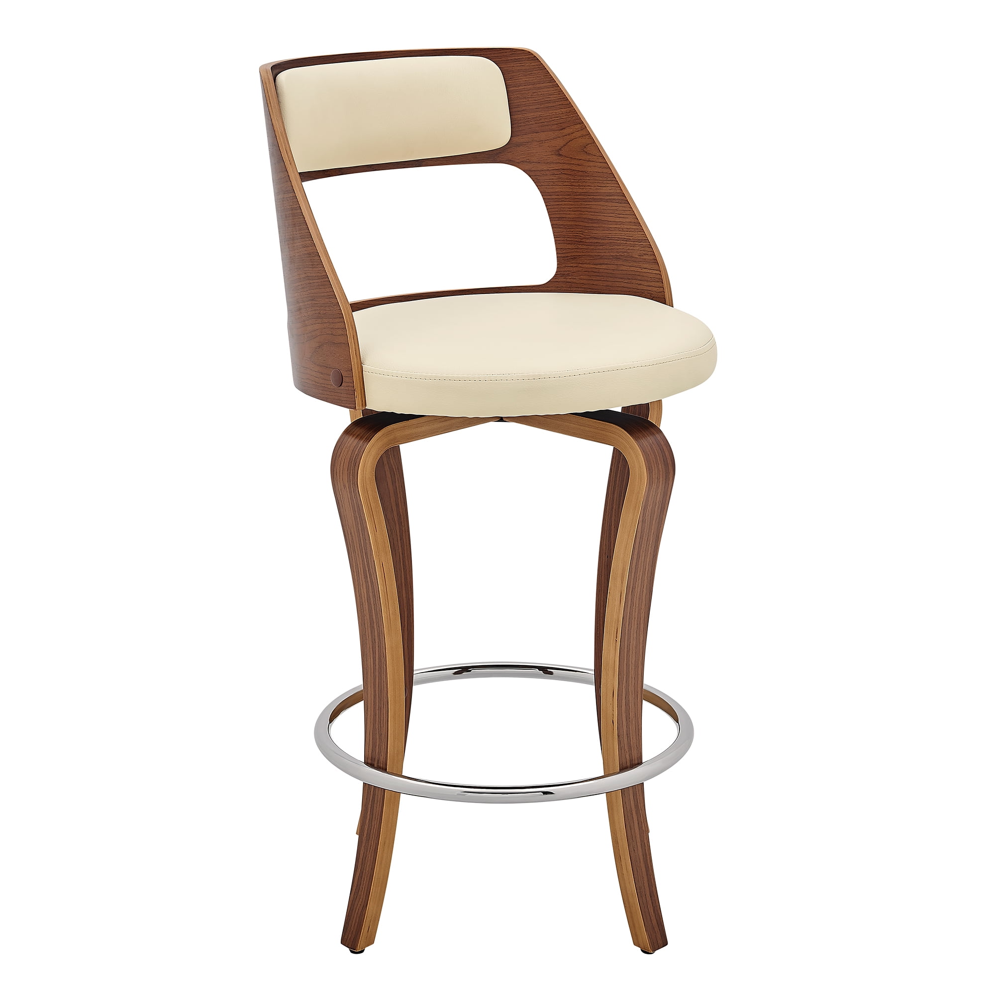 Modern 26" Cream Faux Leather & Walnut Wood Swivel Chair