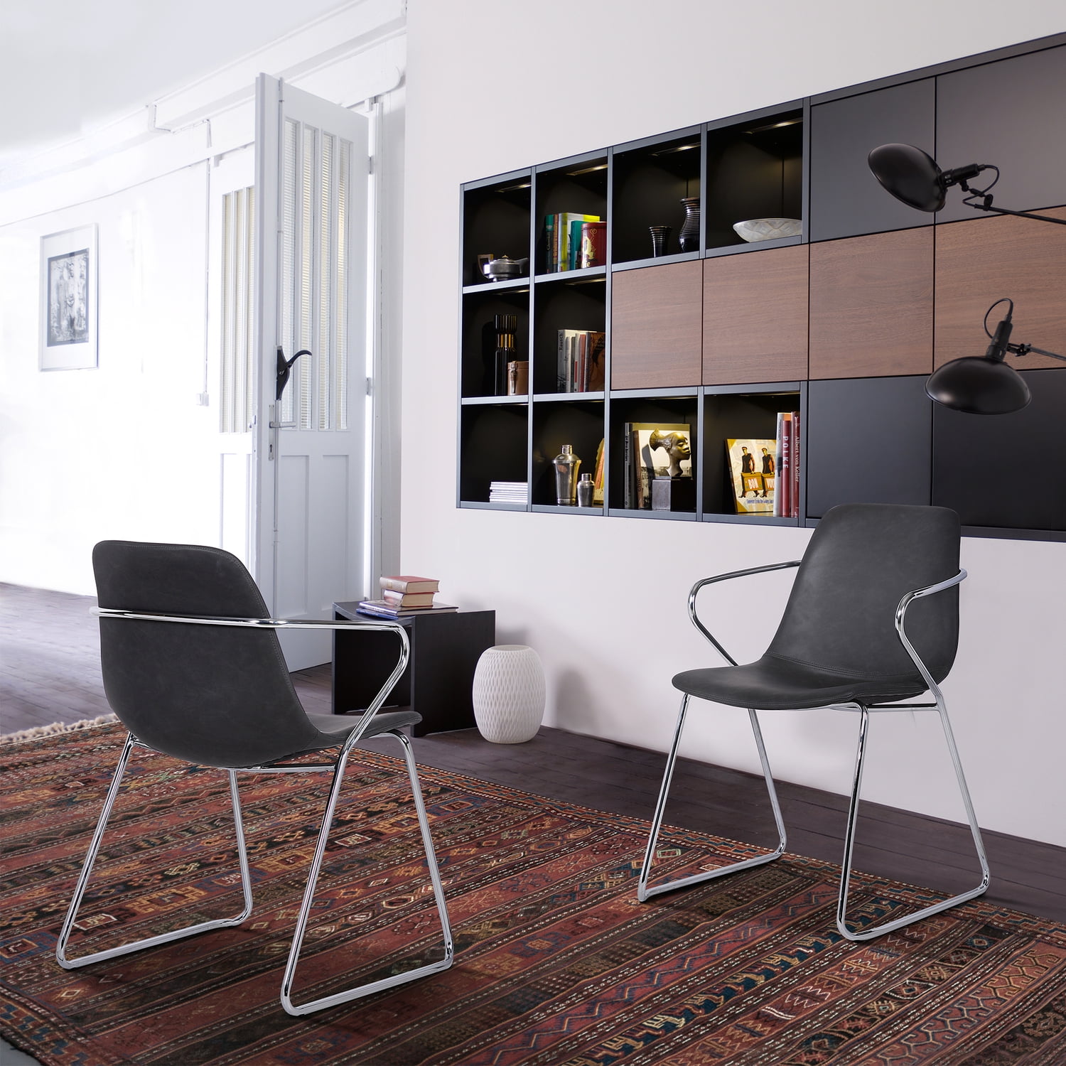 High-Back Gray Faux Leather Side Chair with Chrome Steel Frame