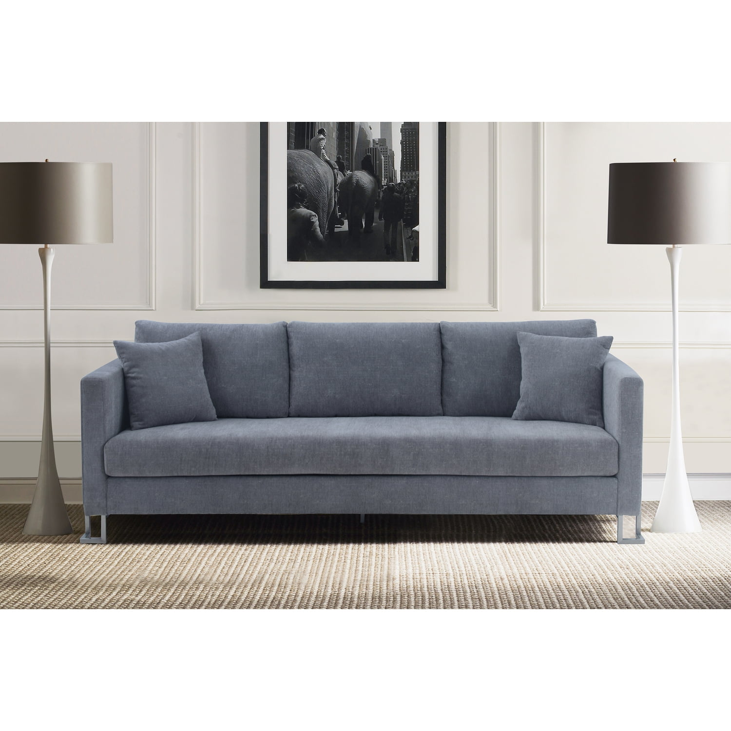 Heritage 91" Gray Leather Stationary Sofa with Wood Legs