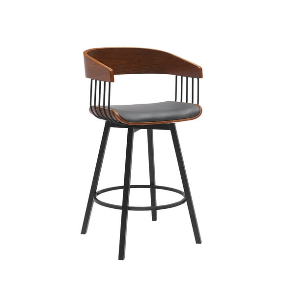 Armen Living Indoor Athena 27" Swivel Walnut Wood Counter Stool in Gray Faux Leather with Black Metal