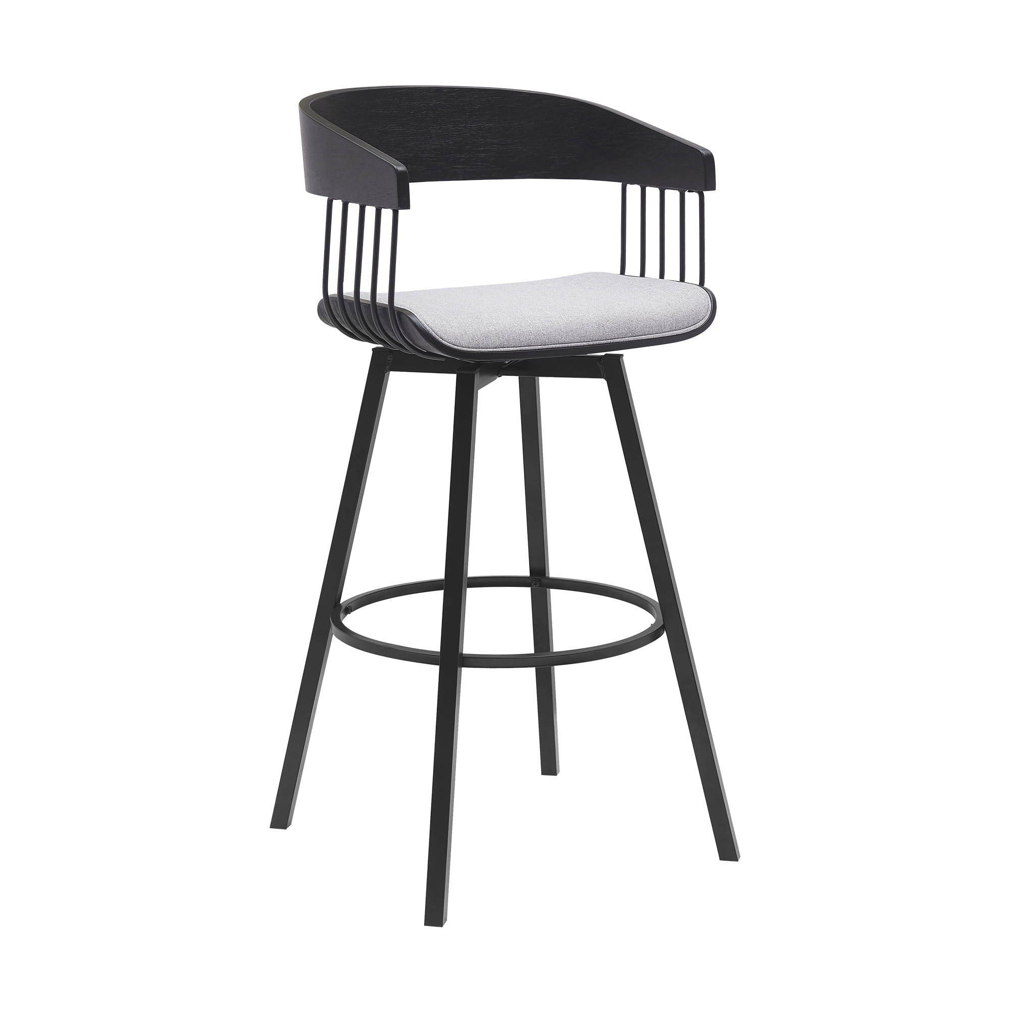 Armen Living Indoor Athena 31" Swivel Black Wood Bar Stool in Light Gray Fabric with Black Metal