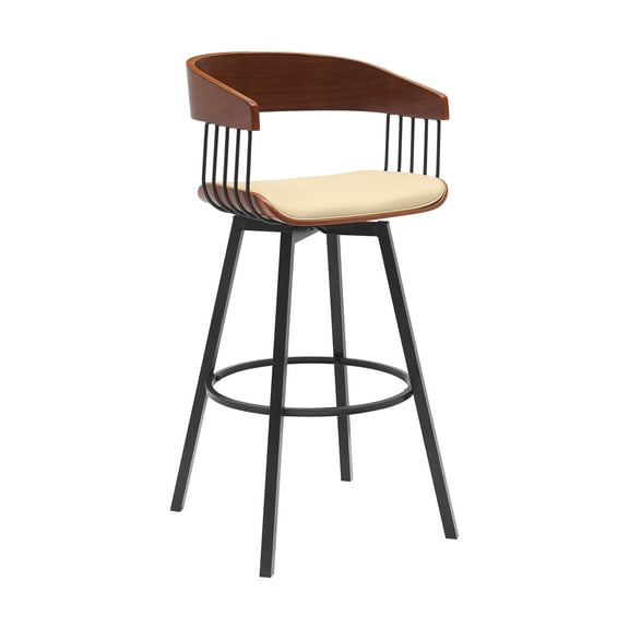 Armen Living Indoor Athena 31" Swivel Walnut Wood Bar Stool in Cream Faux Leather with Black Metal