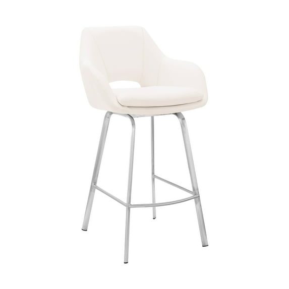 Armen Living Indoor Aura White Faux Leather and Brushed Stainless Steel Swivel 30" Bar Stool