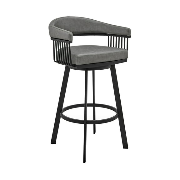 Armen Living Indoor Bronson 29" Bar Height Swivel Bar Stool in Black Finish and Gray Faux Leather