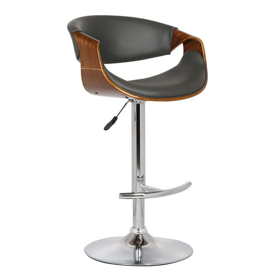 Armen Living Indoor Butterfly Adjustable Height Swivel Gray Faux Leather and Walnut Wood Bar Stool with Chrome Base