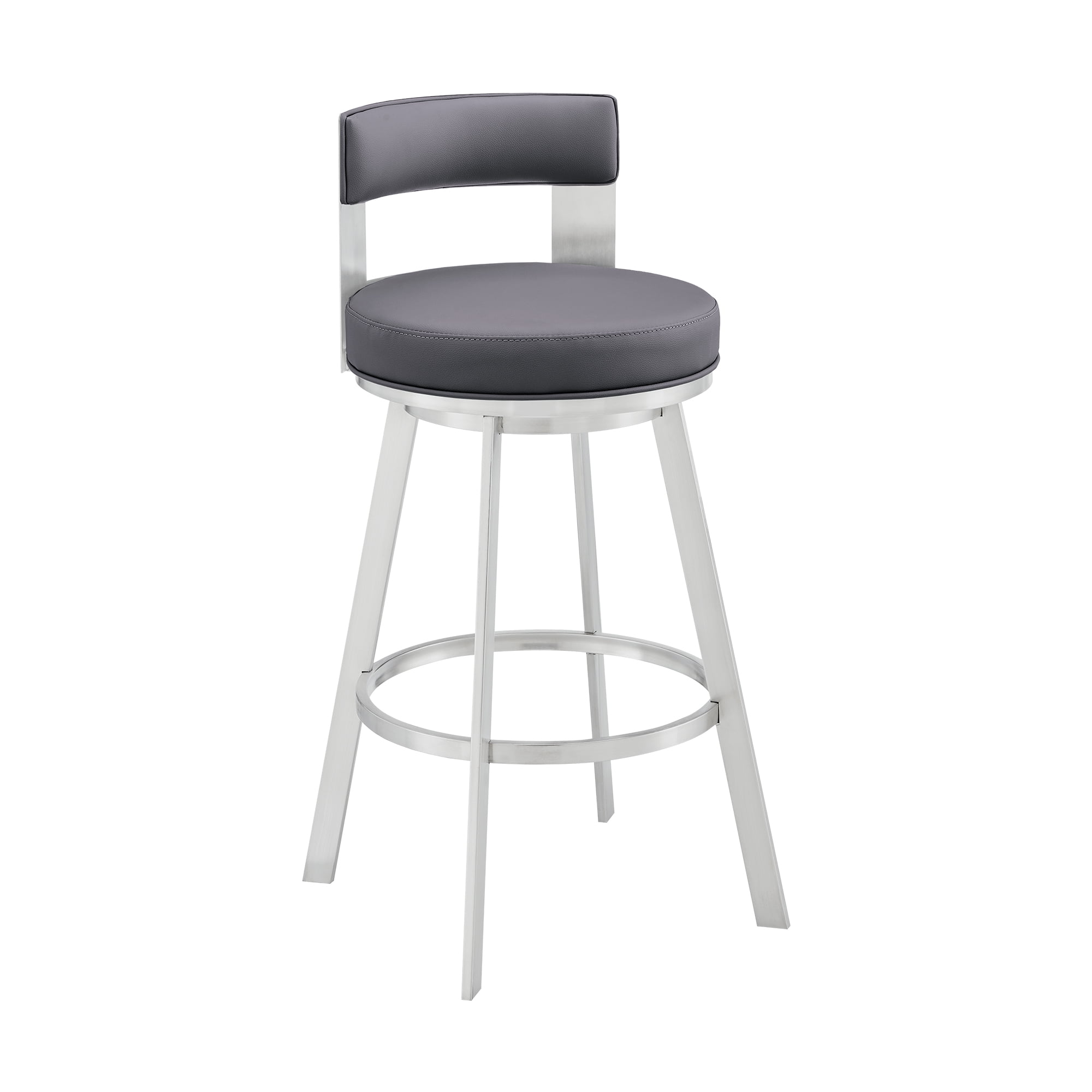 Armen Living Flynn26" Swivel Counter Stool in Silver Metal with Gray Faux Leather